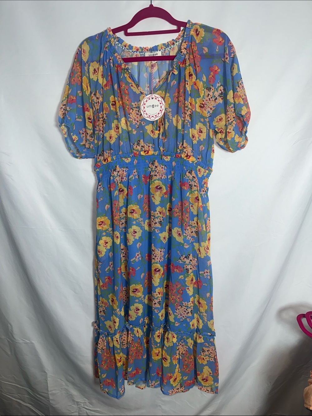 Umgee Blue Floral Maxi Dress with Yellow & Coral Blooms